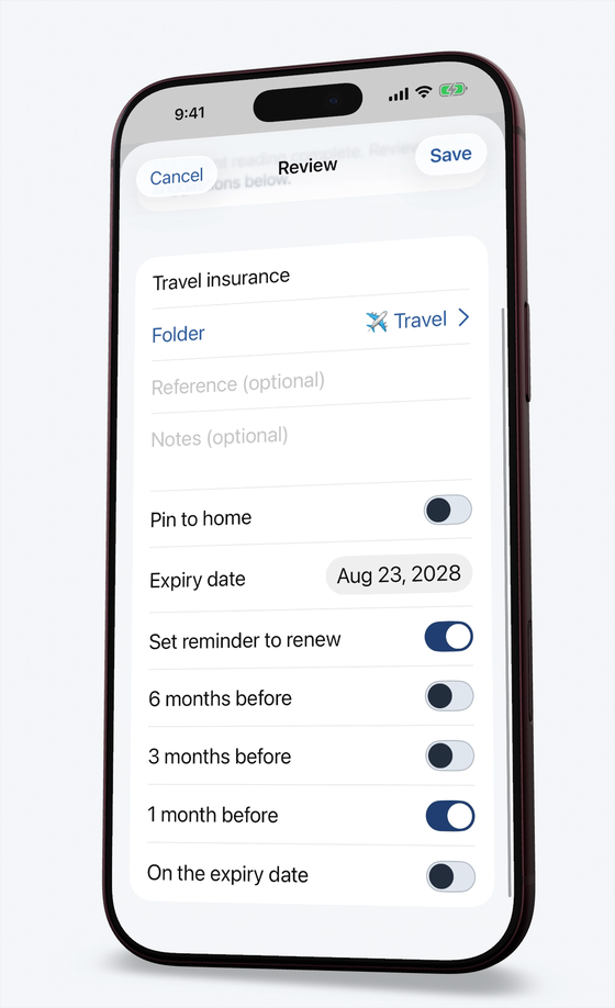 Renewals screen reminding about an expiring passport